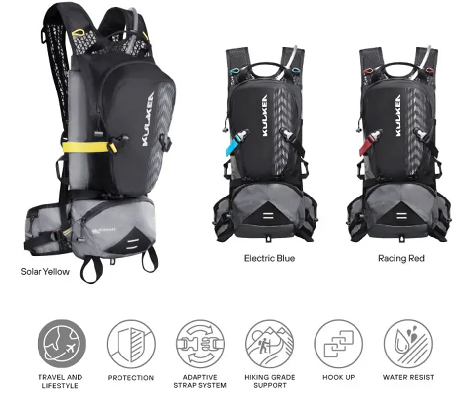 Hiker wearing Kulkea OTRmost hydration backpack on trail