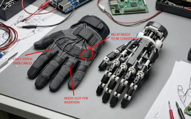 Split comparison showing AI rendering vs real-world soft goods prototyping process including pattern pieces and seam construction