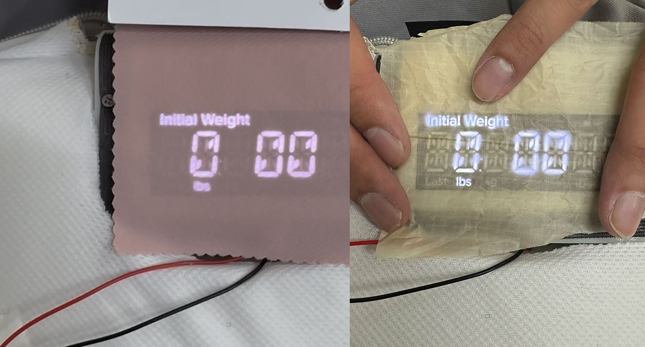 Editorial illustration showing a smart soft goods wearable concept with electronics integration alongside pattern pieces, seam lines, and prototype development details.