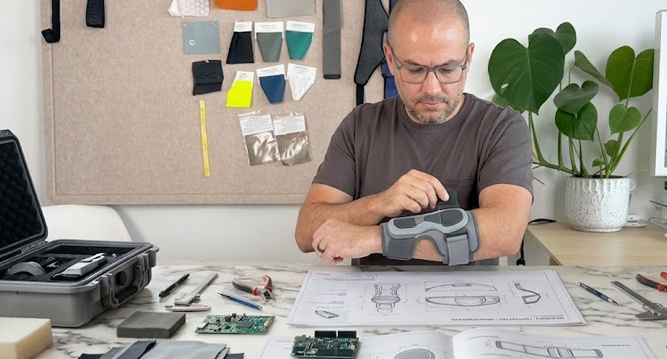 Designer evaluating the fit and comfort of a wearable technology prototype on a test user.