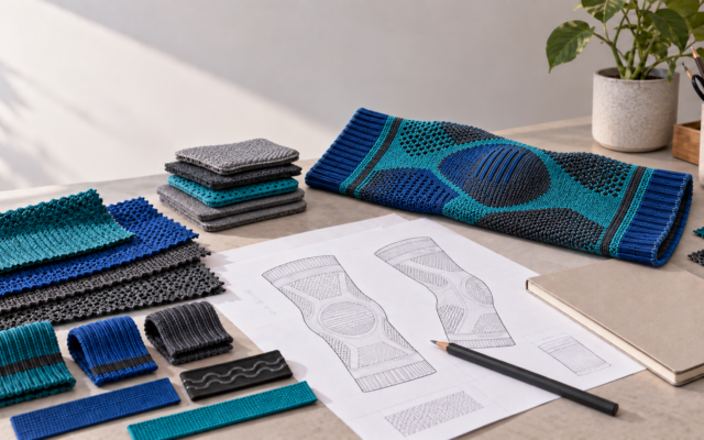 Soft goods development workbench with a fabric prototype, foam samples, hardware, technical drawings, and a planning notebook.
