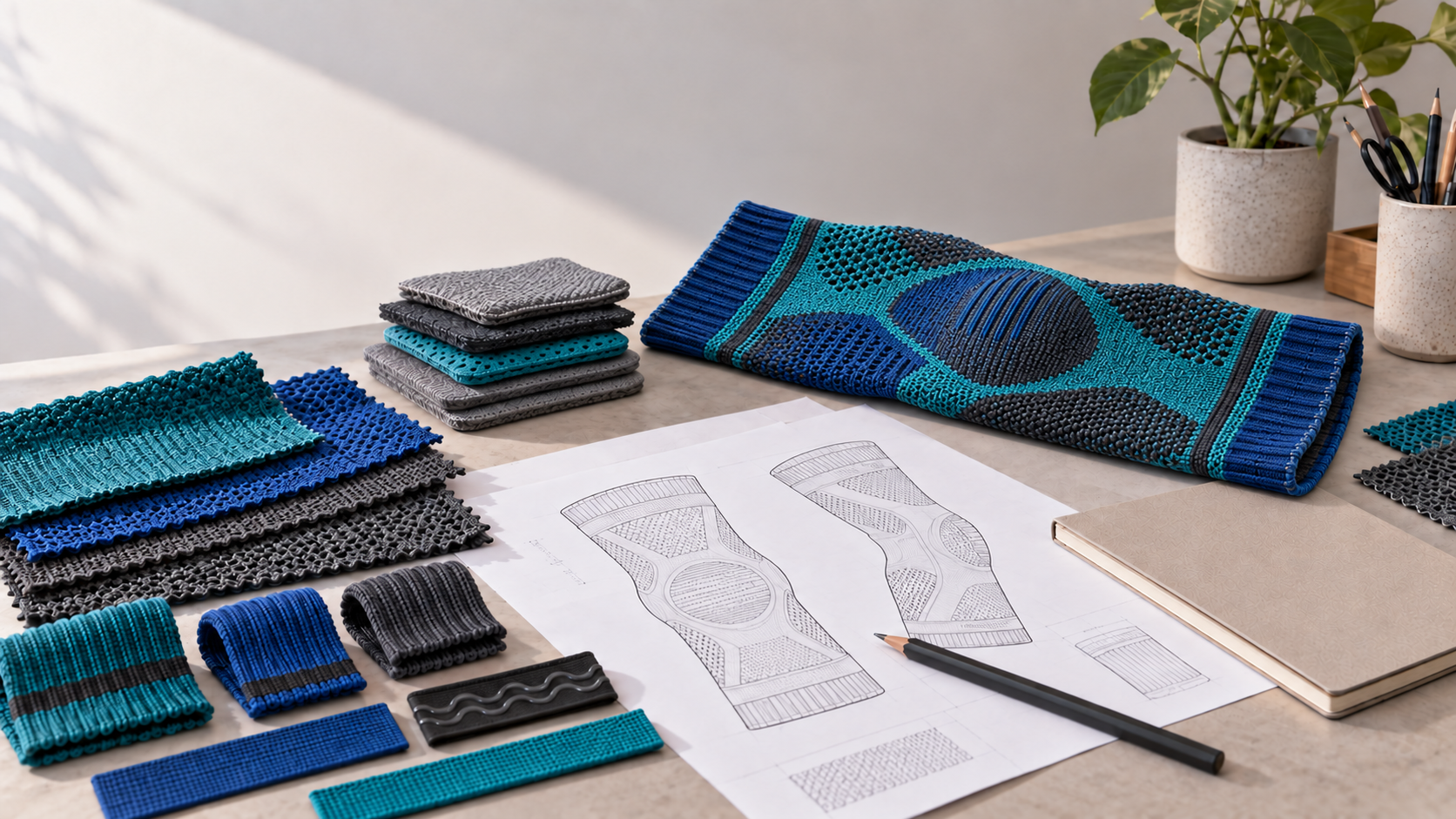 Soft goods development workbench with a fabric prototype, foam samples, hardware, technical drawings, and a planning notebook.