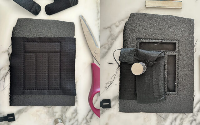 Sewn flap mock-up with a magnetic snap, fabric layers, and reinforcement samples on a development workbench.