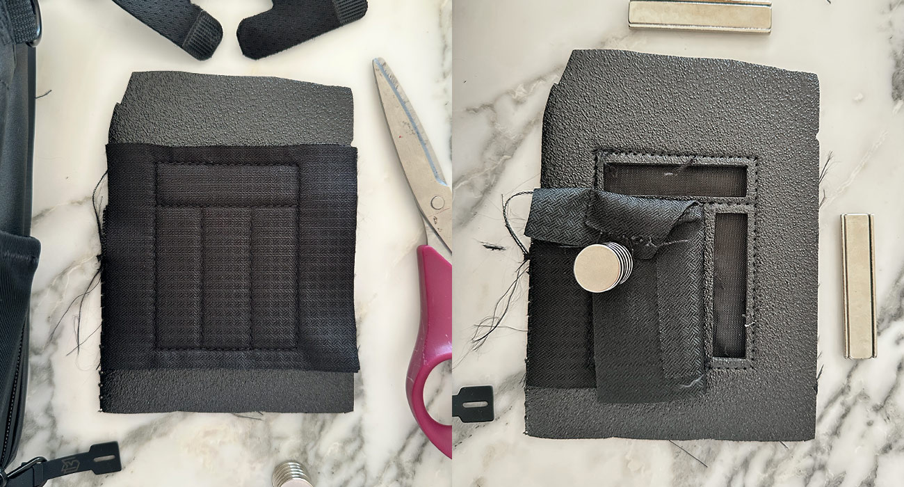 Sewn flap mock-up with a magnetic snap, fabric layers, and reinforcement samples on a development workbench.